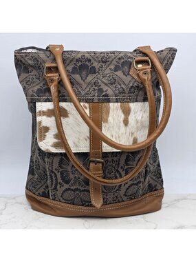 Myra Bag Tote Handbag Womens Brown Canvas Cowhide Leather Floral Western Boho